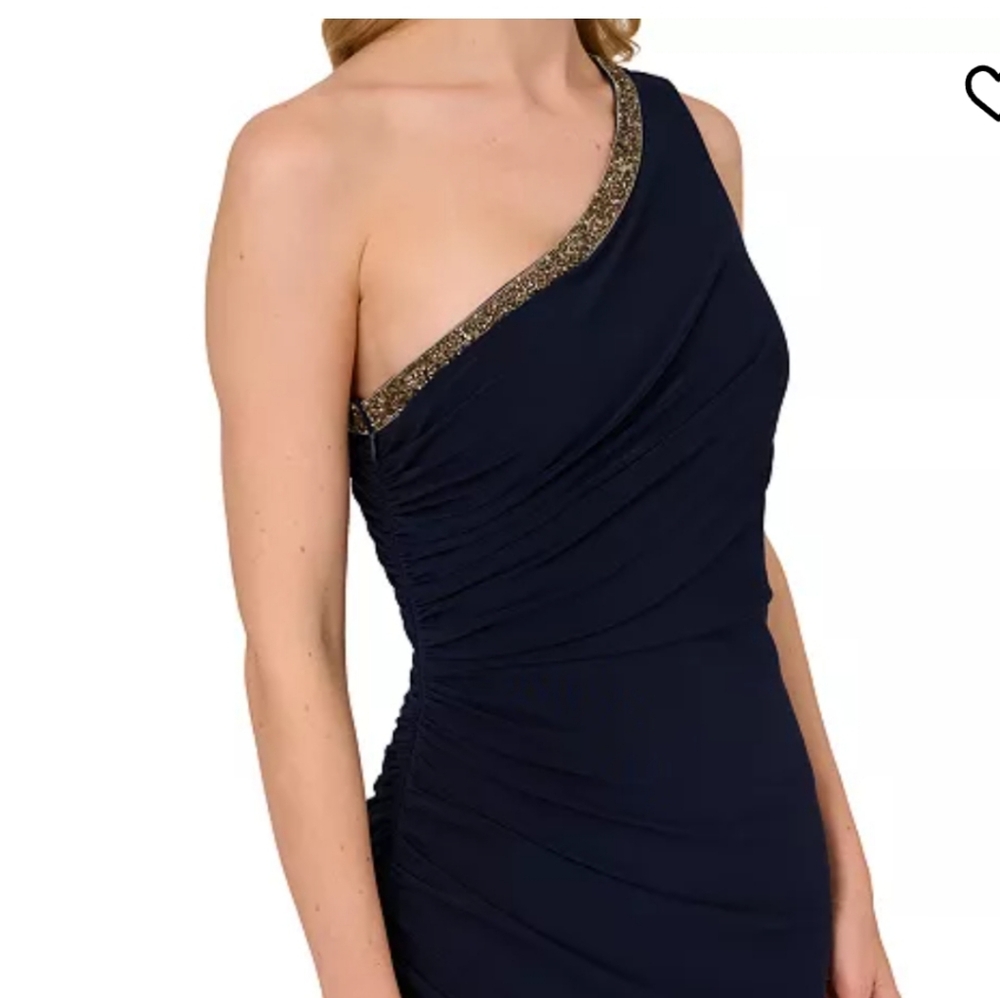 Adrianna Papell One-Shoulder Dress in Navy with Gold Accents Size 14